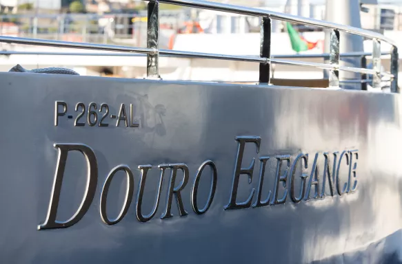 Embossed name on side of cruise ship, Douro Elegance