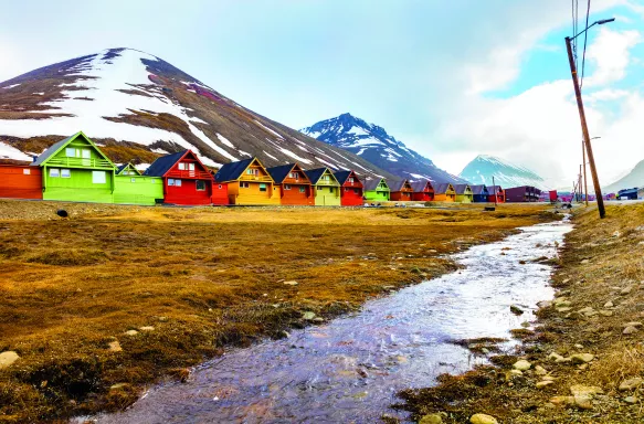 Row of colorful wooden houses at Longyearbyen in Svalbard