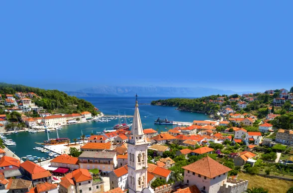 Aerial of Jesla town and harbour with St. Mary’s Church in Croatia