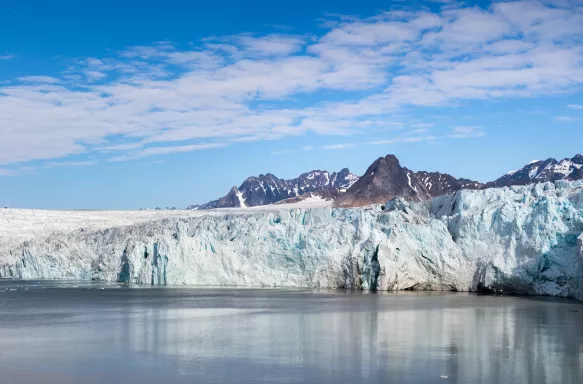 Panoramic view of Fjortende Julibreen and 14 Juli Bukta glacier in Svalbard, Norway