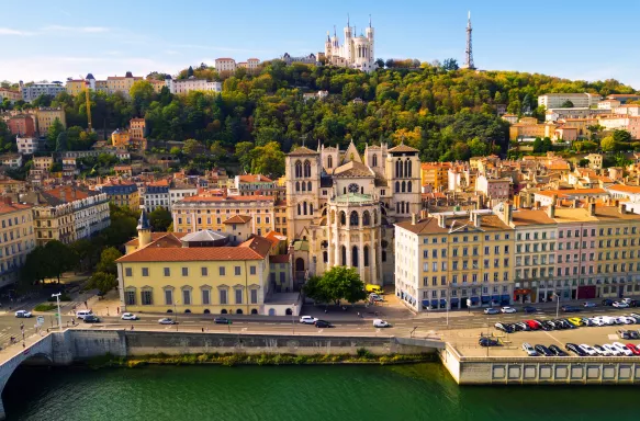 View from drone of Cathedral, Basilica and Saone, Lyon