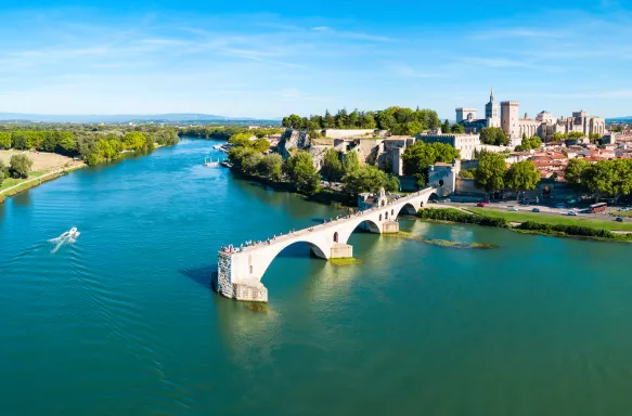 Aerial view of Avignon city and it's Pont Saint-Bénézet bridge, France