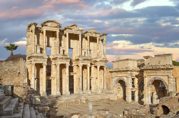 Celsus library in the Roman ruins of Ephesus during sunrise in Turkey