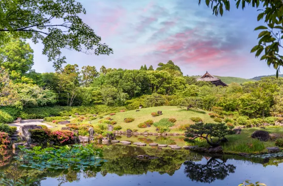 Panorama of Isuien Japanese style garden in Nara, Japan