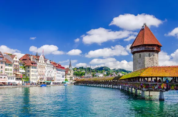 Chapel Bridge and Reuss River in Lucerne city, Switzerland