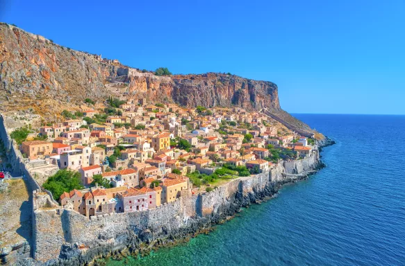 Aerial view of the old town of Monemvasia in Lakonia of Peloponnese, Greece