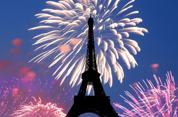 Celebratory colourful fireworks over the Eiffel Tower in Paris, France