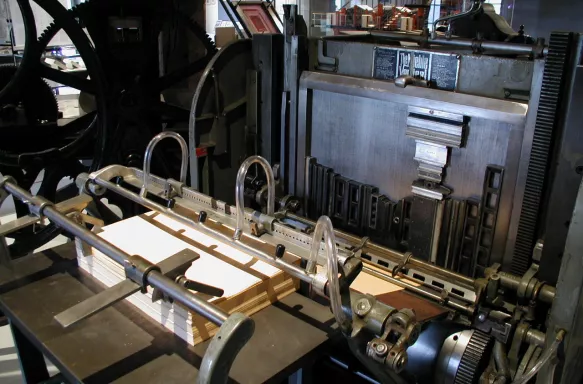 An old fashioned printing equipment displayed in the Gutenberg Museum, Mainz, Germany.