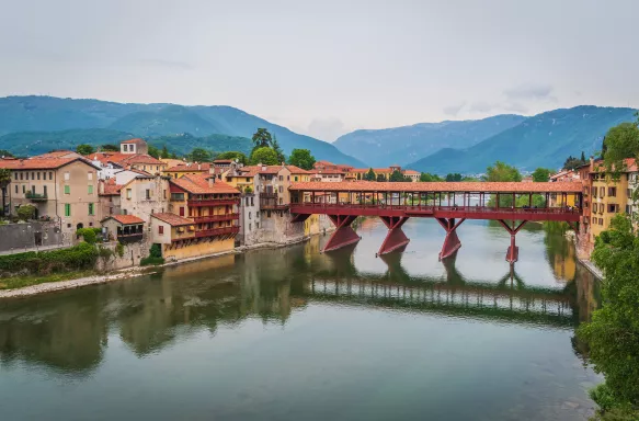 View of the Alpini Bridge and the Brenta River in Bassano del Grappa, Italy.