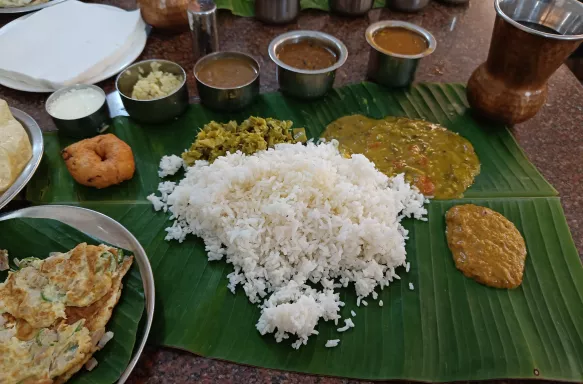 Traditional Indian meal served on a banana leaf