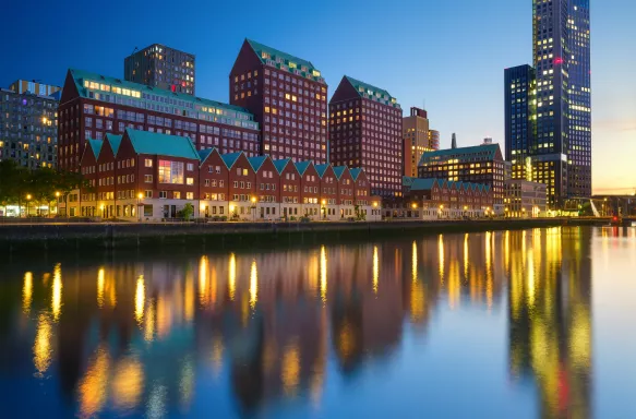 Cityscape evening view of skyscrapers and building in Rotterdam, Netherlands