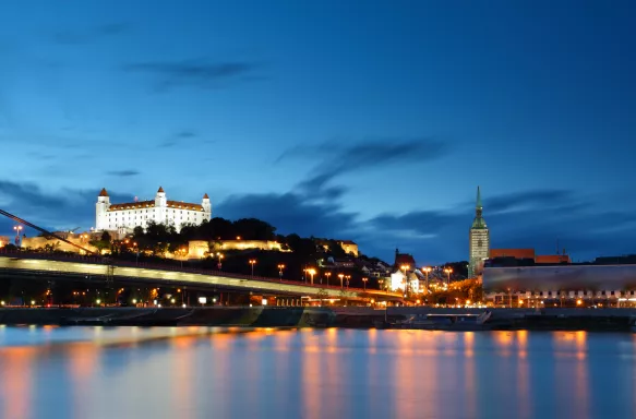 Night view of Bratislava castle and embankment in Slovakia, Europe