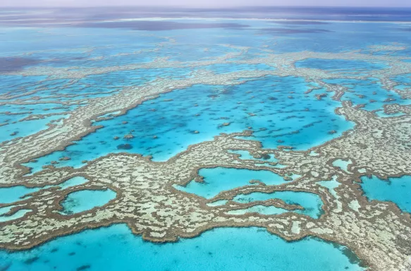 Aerial view of the Great Barrier Reef and turquoise waters in Australia