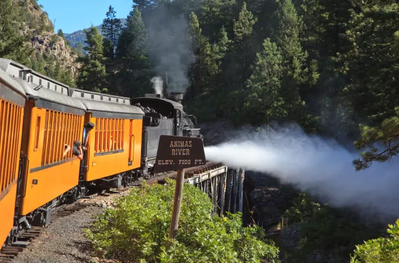 Close-up of the Silverton train with steam, San Juan Mountains, USA