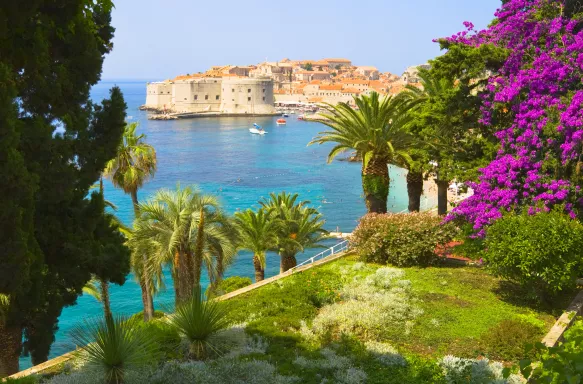 View from exotic garden overlooking the sea in Dubrovnik, Croatia