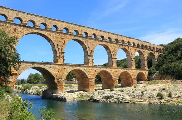 View of Pont du Gard, an ancient Roman aqueduct bridge in France