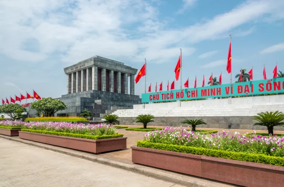 Row of Vietnamese flags at the Ho Cho Minh mausoleum in Hanoi, North Vietnam