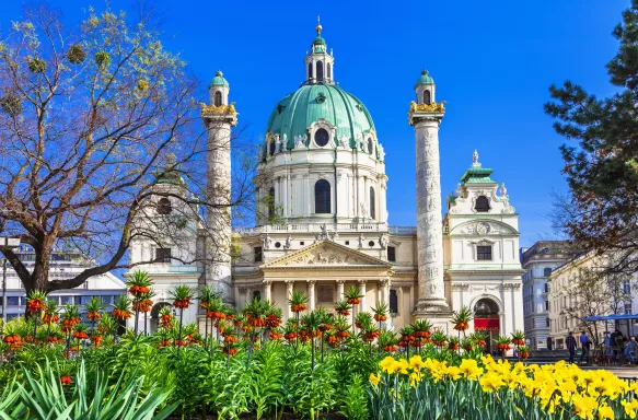 Decorative and theatrical Baroque St. Charle's Church in Vienna, Austria.