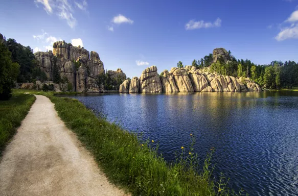 Sylvan Lake and Black Hills national forest with vertical rock formations in South Dakota, USA.