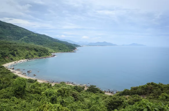 Misty view of the East Sea from Son Tra Mountain's shoreline, Vietnam