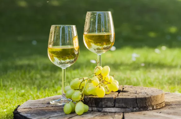 White wine with grapes on old wooden table