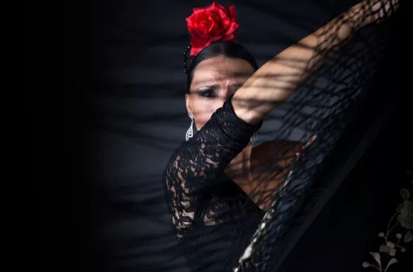 Young flamenco dancer in beautiful black dress on black background