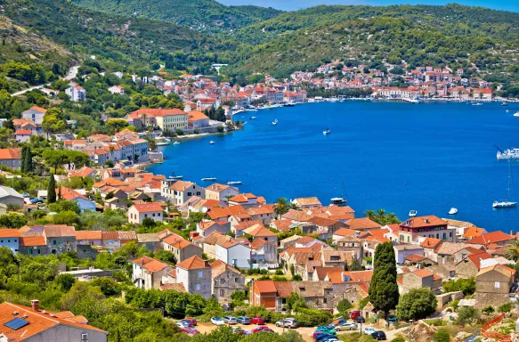 Aerial view of Island of Vis bay in Dalmatia, Croatia