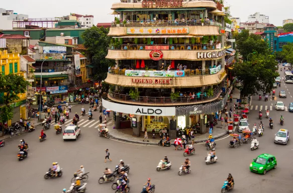 View of the traffic in front of the City View Café building in Hanoi, Vietnam