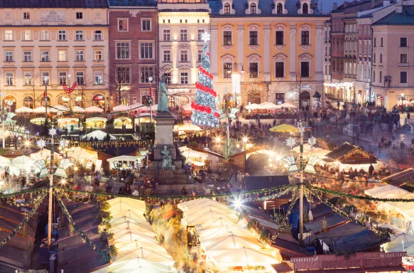 Glistening christmas lights and markets, in the Krakow Market Square