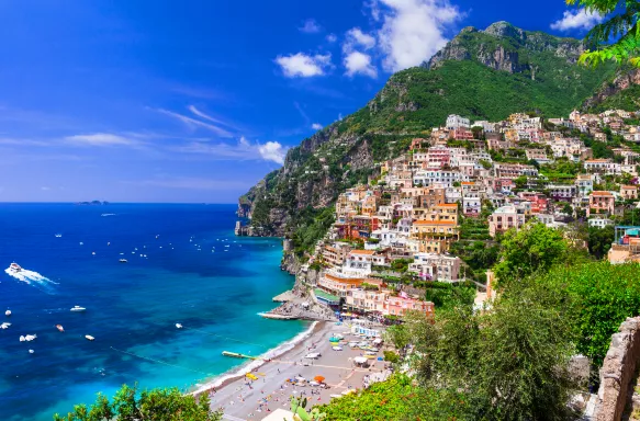 The Amalfi Coast with houses and beautiful blue sea in Italy