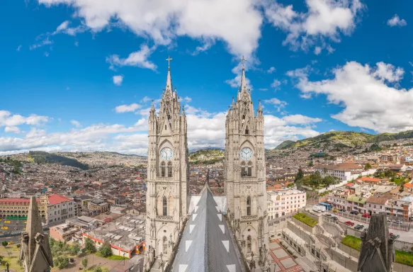 Basilica del Voto Nacional and downtown Quito in Ecuador