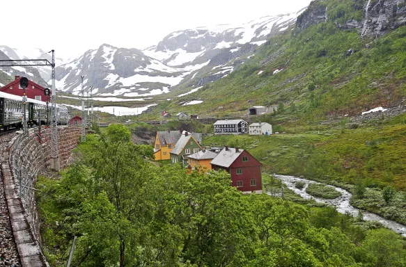 Passenger view of the snow clad field of Norway, from the Flåm Railway Line train.