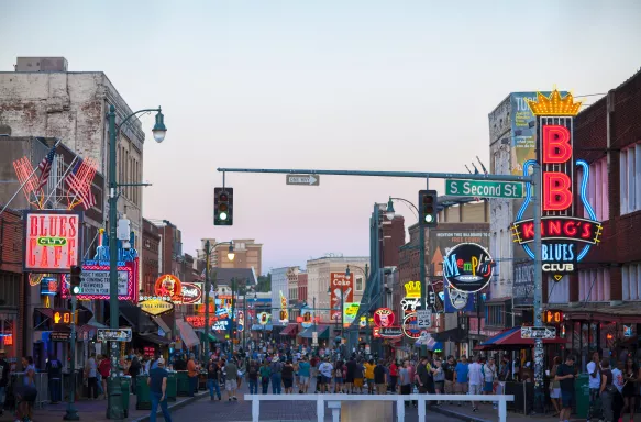 View of famous music district of Beale Street in downtown Memphis, Tennessee, USA