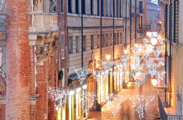 Night scene of street in Vicenza City in Italy with Christmas lights