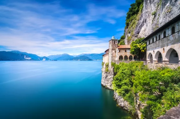 Roman Catholic monastery and Maggiore lake in Lombardy, Italy