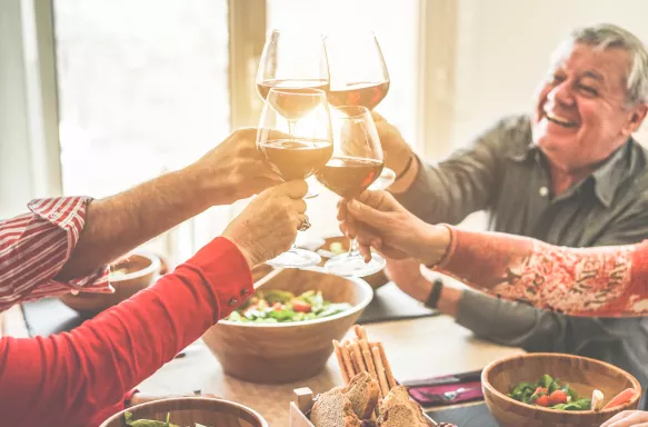 Senior friends cheering with wine glasses at home lunch