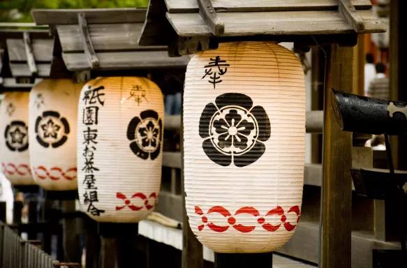 Japanese lanterns hanging during the Gion Matsuri festival in Kyoto