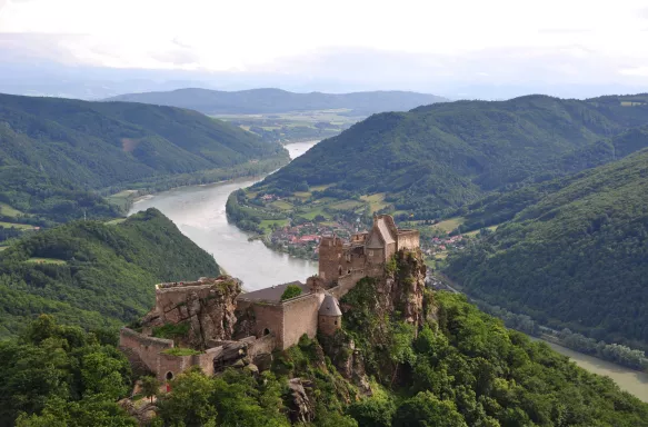 Aerial shot of Aggstein Castle with the Danube River, Austria