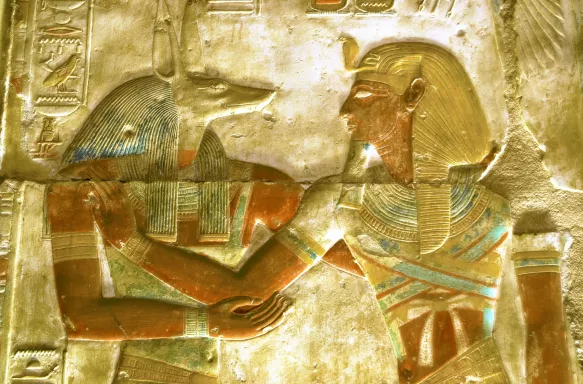 An ancient Egyptian hieroglyphic carving at the Temple of Abydos in Egypt