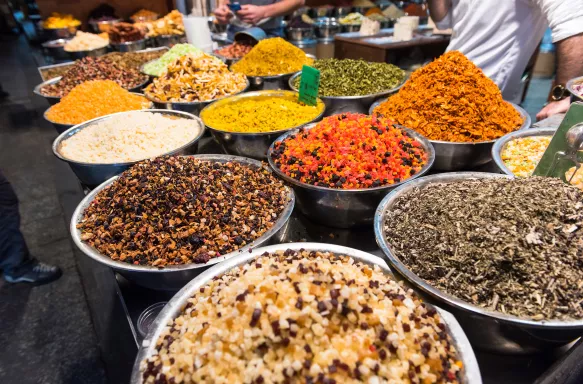 Dried fruits, spices and herbs at Mahane Yehuda market in Jerusalem, Israel