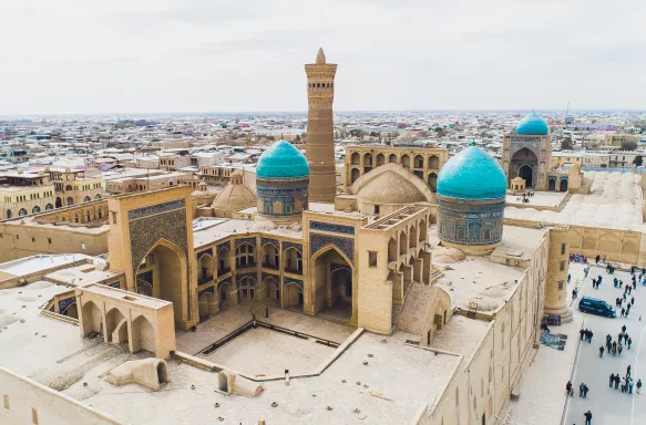 Aerial view of the Kalon mosque in Bukhara, Uzbekistan