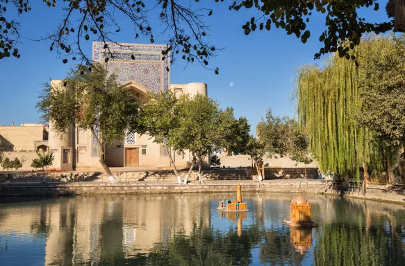 Lyabi House Hotel and Lyabi Hauz pond in Uzbekistan, Asia