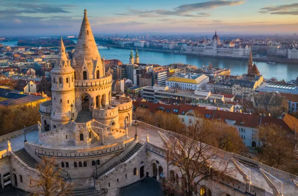 Aerial view of Fishermans Bastion and Budapest with Parliament building and River Danube in Hungary