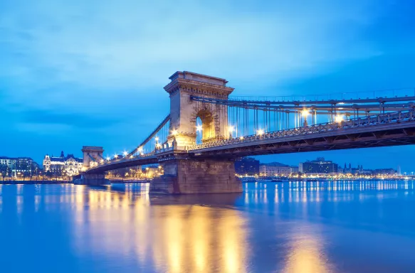 Czechenyi Chain Bridge in Budapest, Hungary, early in the morning. Focus on the bridge. Panorama photo,