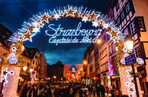 Entrance to shopping street at Christmas time in Strasbourg, France