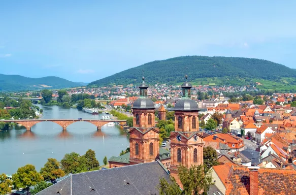 Aerial view of Miltenberg town with bridge over river Main in Germany