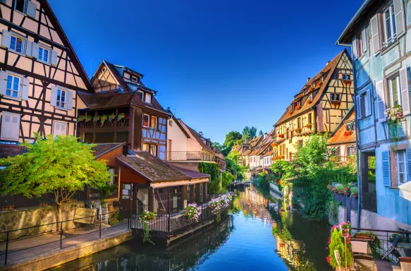 Town of Colmar, also known as Belle's Village, with half timbered houses and canal in Colmar, France