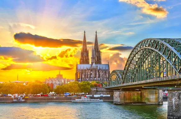 View on Cologne and River Rhine at sunset in Germany