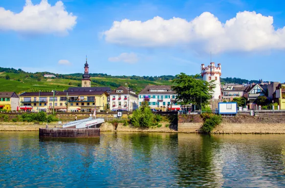 View of Rudesheim am Rhein from across the River Rhine, Germany