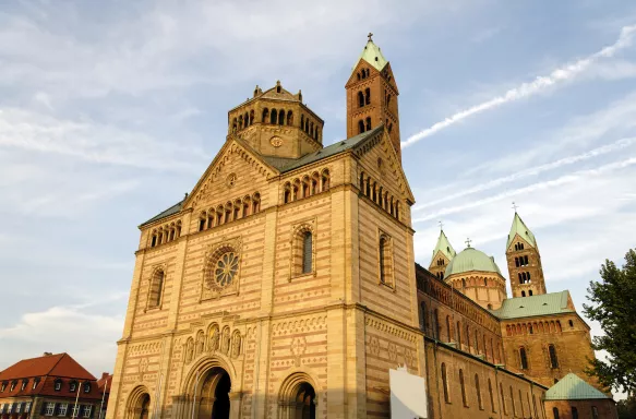 Front exterior of Speyer Cathedral and it's red sandstone architecture, southwest of Germany